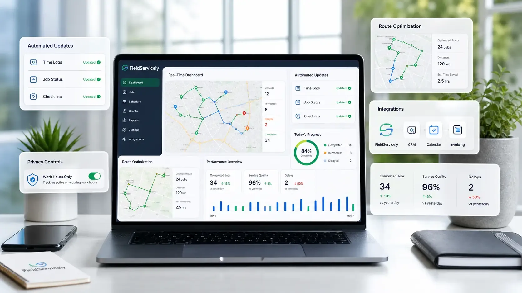 Modern workspace with a laptop showing the FieldServicely dashboard and tracking tools. 
